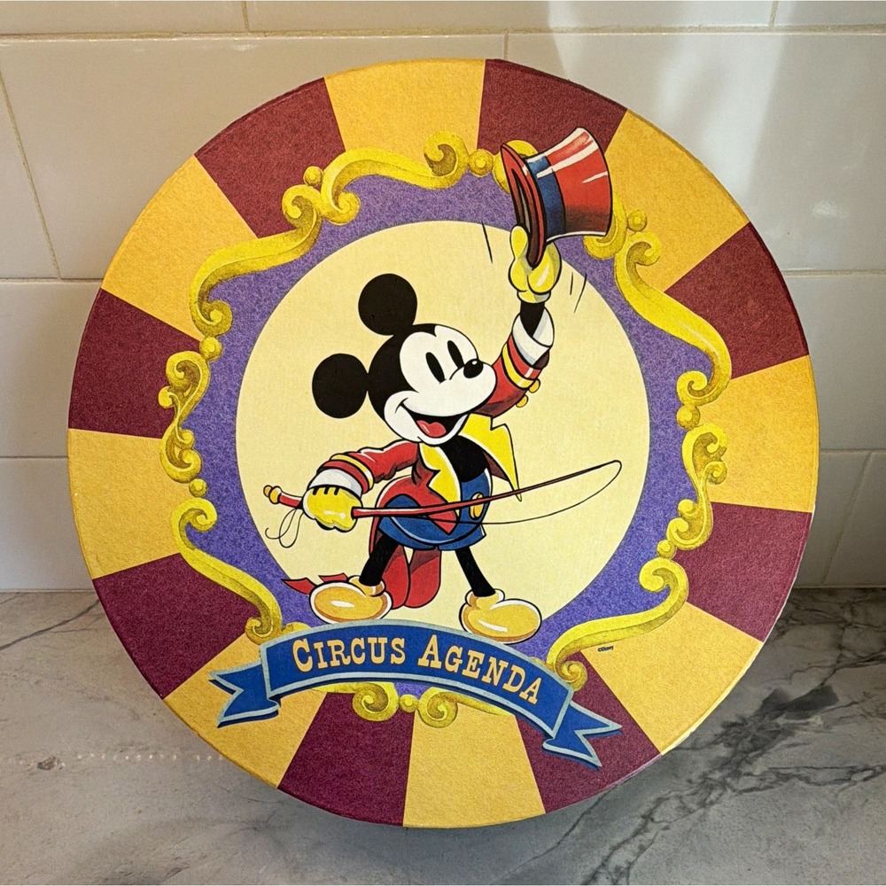 Vintage Disney Mickey Mouse Circus Agenda Round Lidded Hat Box Rope Handle